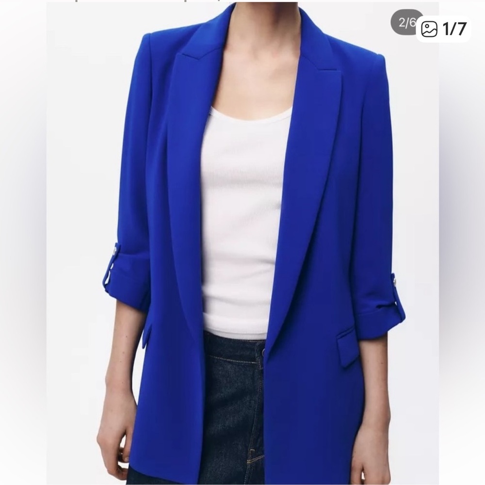 ZARA Open Royal Blue Roll Tab Sleeve Long Line Blazer, Medium